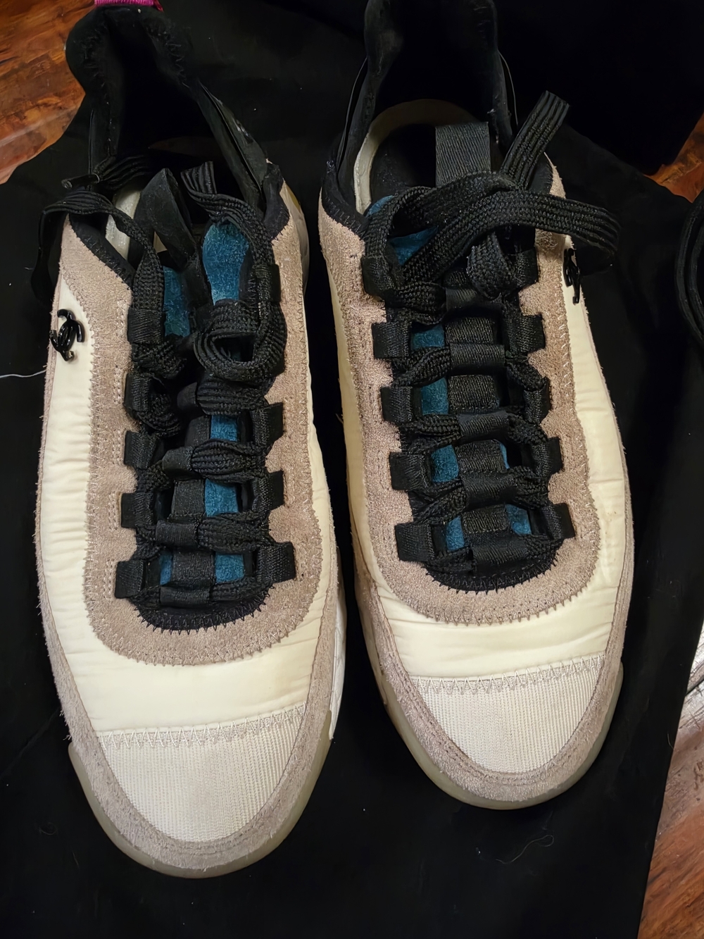 CHANEL Women's Sneakers in Cream, Black & Teal